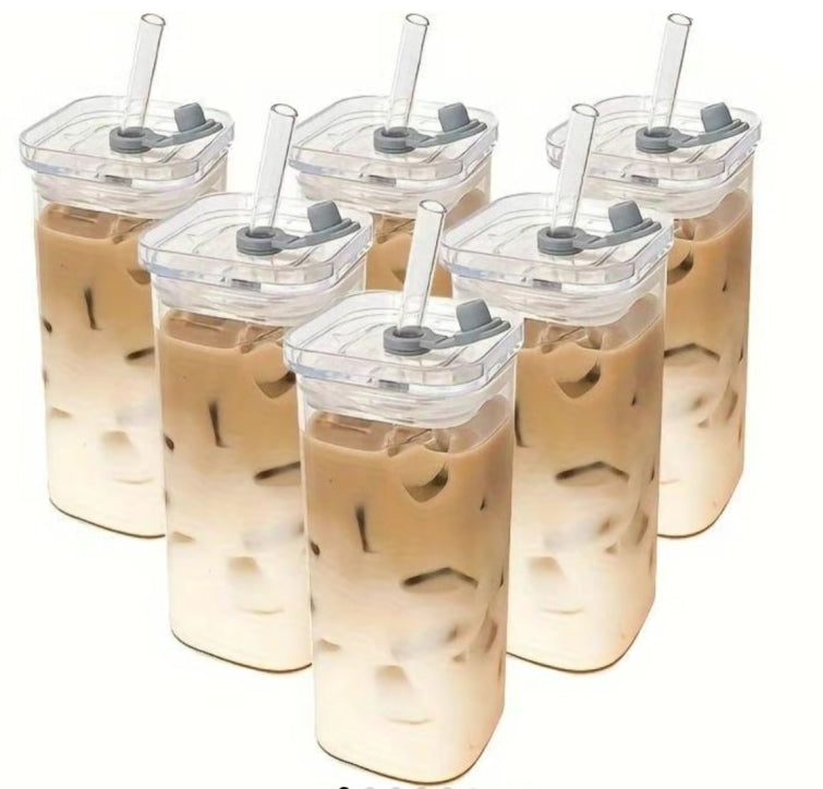 Kitchen Moni Square Borosilicate Glass Coffee Cup 400ml with Lid Straw