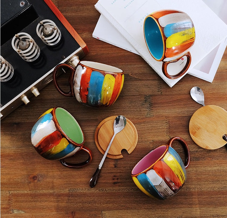 Kitchen Moni Creative Ceramic Cup with Lid Spoon 350ml Gift Mug