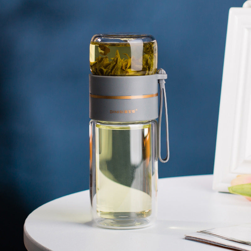 Kitchen Moni Glass Tea Bottle with Infuser 400–450ml Double Wall Leakproof Cup