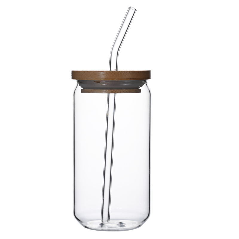 Kitchen Moni 470–550ml Borosilicate Glass Cup with Bamboo Lid and Straw