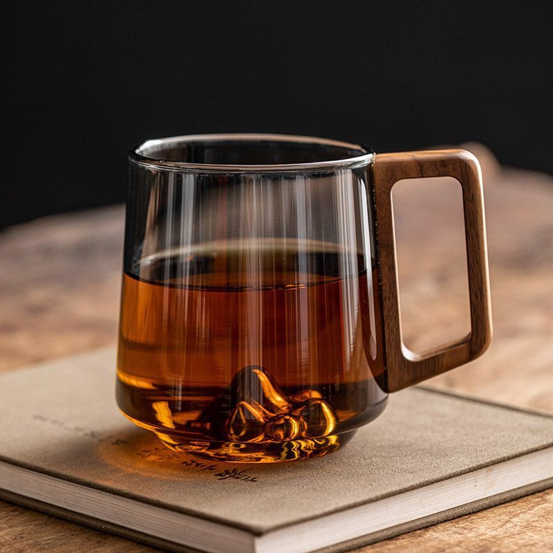 Kitchen Moni Glass Cup with Wooden Handle Large Capacity Mug