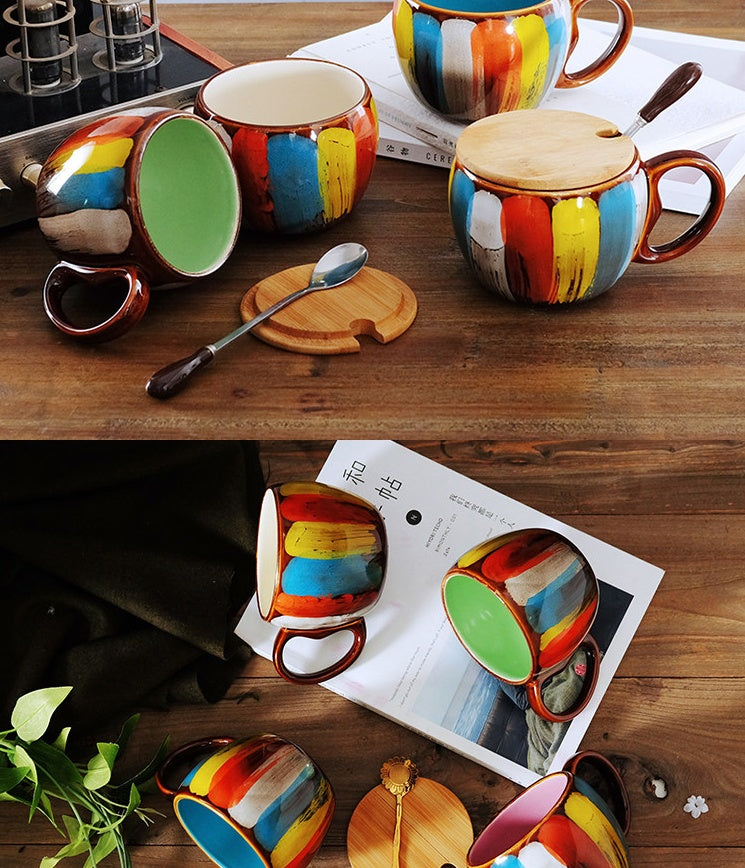 Kitchen Moni Creative Ceramic Cup with Lid Spoon 350ml Gift Mug