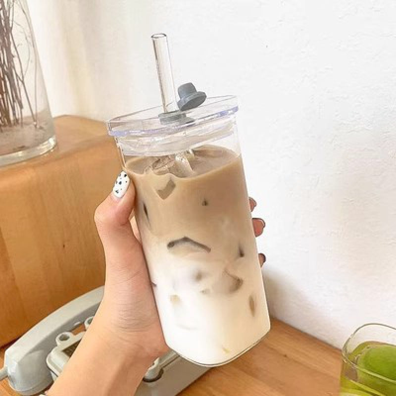 Kitchen Moni Square Borosilicate Glass Coffee Cup 400ml with Lid Straw