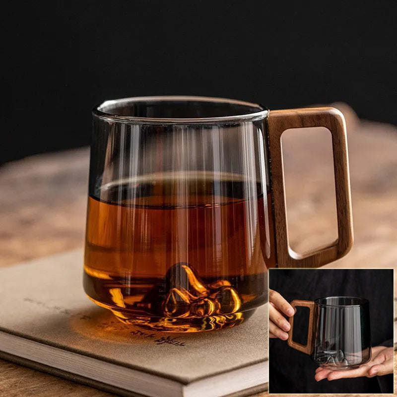 Kitchen Moni Glass Cup with Wooden Handle Large Capacity Mug