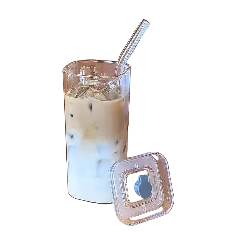 Kitchen Moni Square Borosilicate Glass Coffee Cup 400ml with Lid Straw