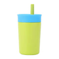 Brightly colored 12oz insulated stainless steel kids tumbler with a straw lid on a playground bench