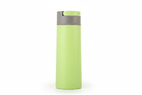 Sleek light blue 450ml double wall glass water bottle standing upright on an outdoor park bench