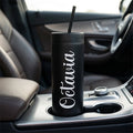 Personalized matte pink skinny tumbler featuring custom bridesmaid calligraphy text with a matching straw