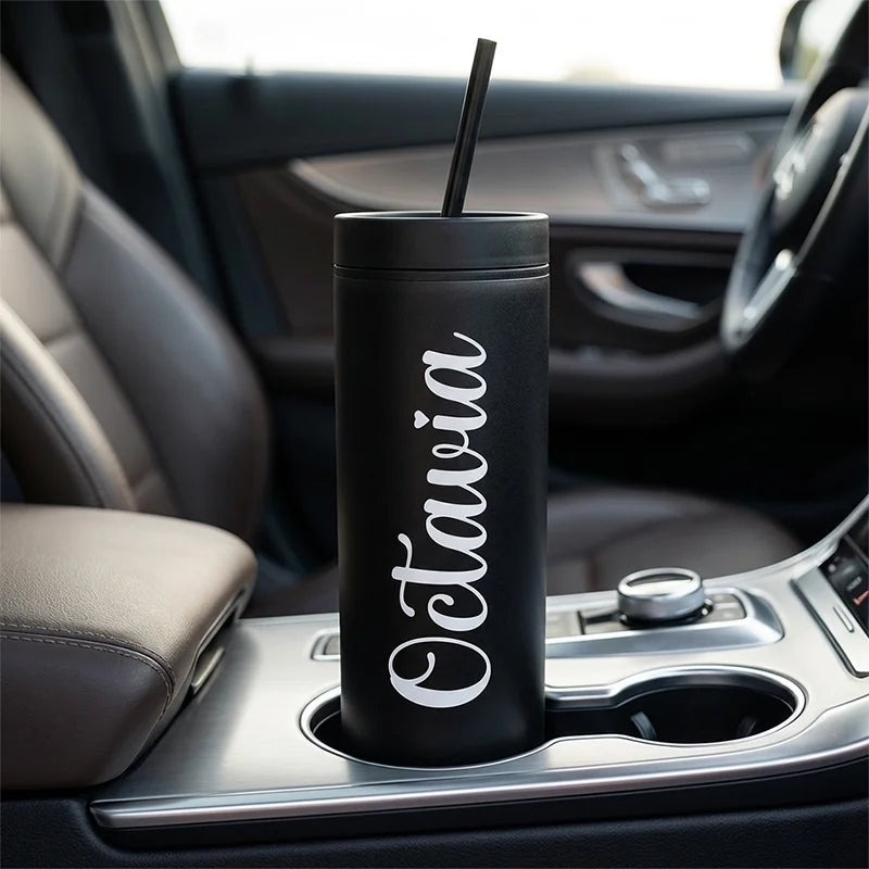 Personalized matte pink skinny tumbler featuring custom bridesmaid calligraphy text with a matching straw