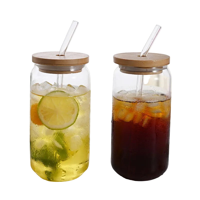 Kitchen Moni 470–550ml Borosilicate Glass Cup with Bamboo Lid and Straw