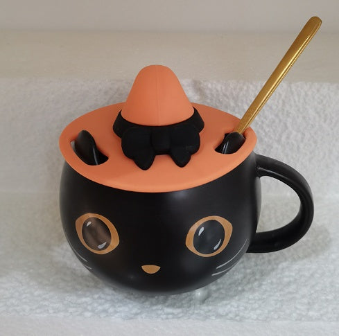 Kitchen Moni Pumpkin Cat Ceramic Mug with Lid Spoon Gift Cup