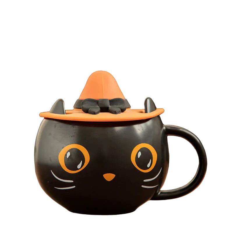 Kitchen Moni Pumpkin Cat Ceramic Mug with Lid Spoon Gift Cup